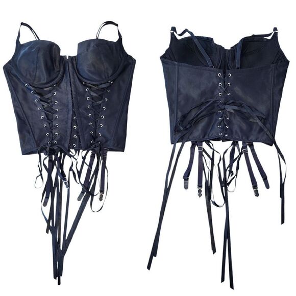 VTG Black Satin Shirley Of Hollywood Lace Up Corset with Garters 38B-D - Picture 2 of 15